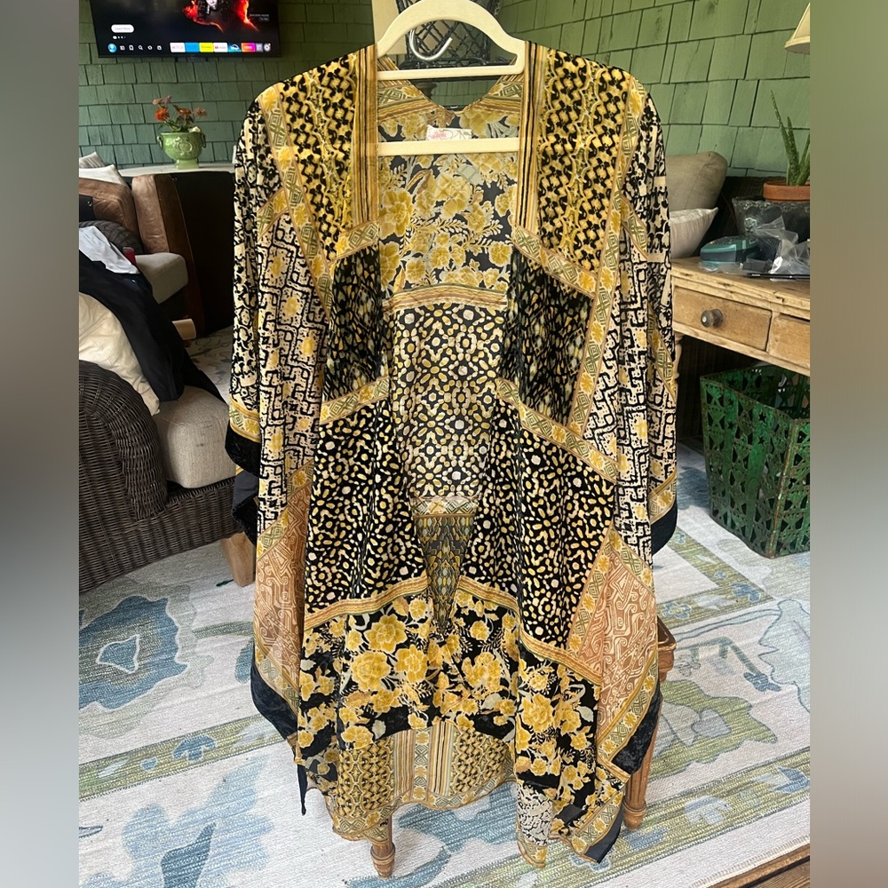Stunning Boho Free People Black Velvet and Gold cape!  Excellent condition.
